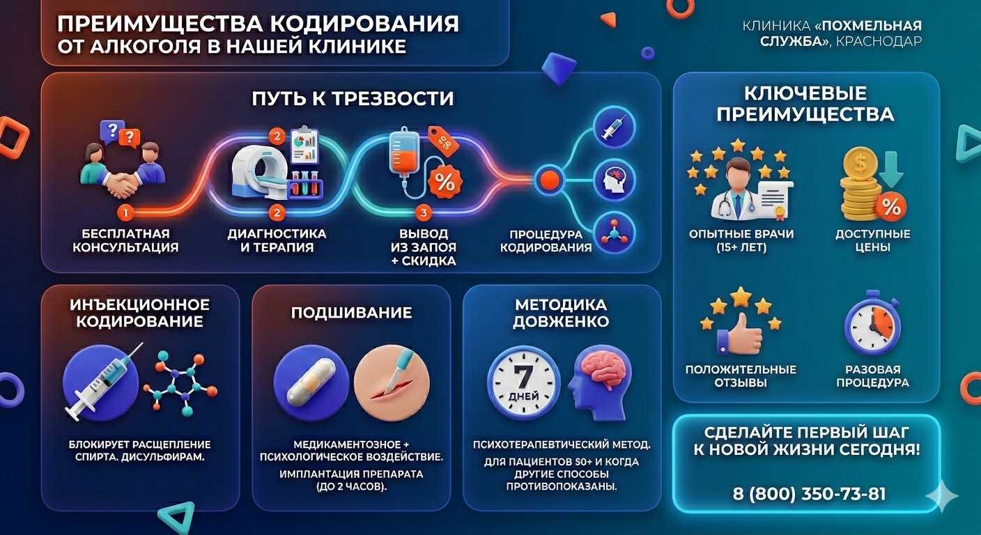 Инфографика о методах кодирования от алкоголя в Твери: инъекции, подшивание, метод Довженко. Преимущества клиники и этапы лечения.